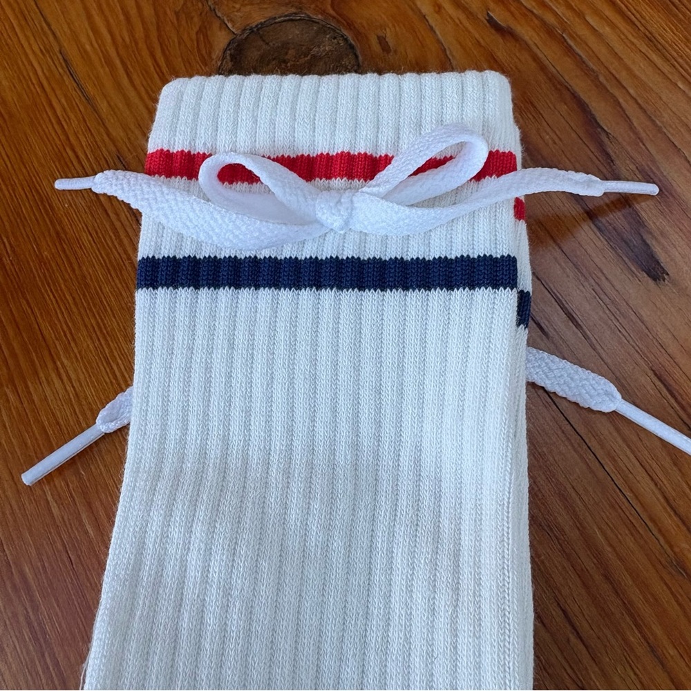 Free People Kick Off Solid Layer knee high socks white red blue bow retro new - Picture 6 of 8